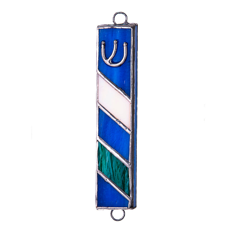 Stained Glass Mezuzah in Blue with Green and White Stripes