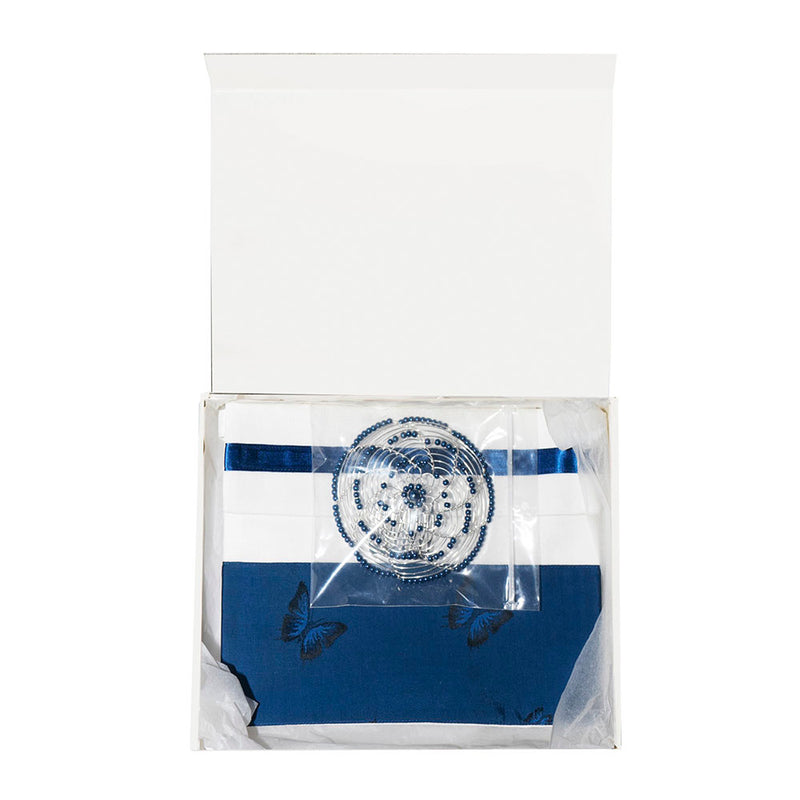 Tallit Set- Q (Embroidered Butterfly on Navy)