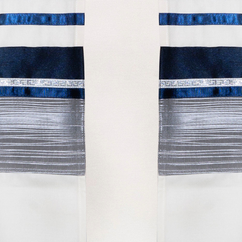 Ecru with Navy and Silver Gray Wave Ribbon Tallit Set