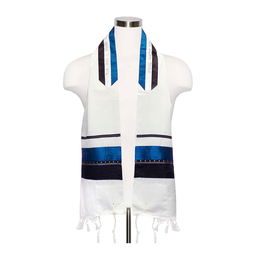 Tallit Set on Ivory with Black and Blue Stripes