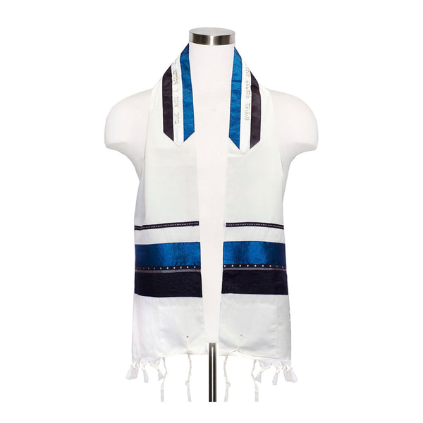 Tallit Set on Ivory with Black and Blue Stripes