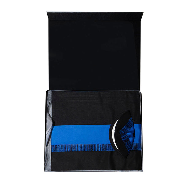 Tallit Set- Black Tzfat (Black with Blue Jagged Stitch Satin)