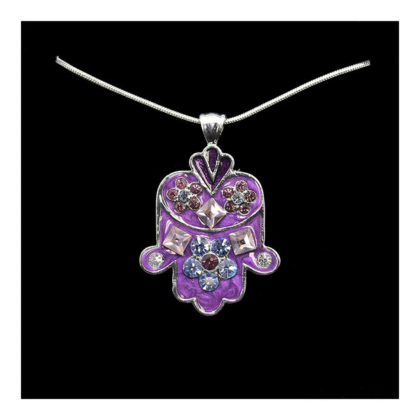 Necklace- Hamsa with Blue and Pink Gemstones
