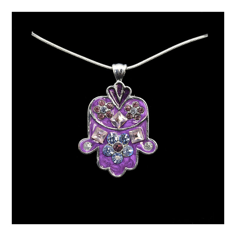 Necklace- Hamsa with Blue and Pink Gemstones