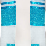 Tallit and Bag White Chiffon with Turquoise Ribbons