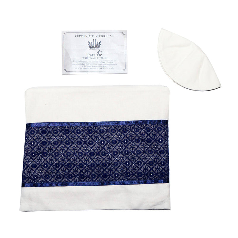 Tallit Set Sheer Silk with Navy Geometric Flower Band