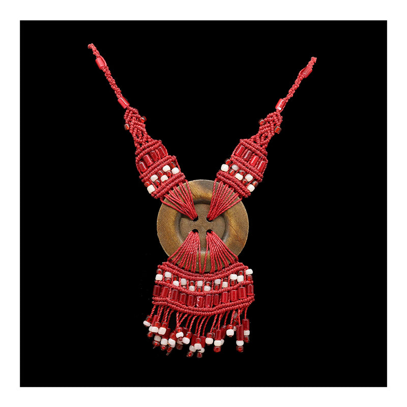 Macrame Necklace with Large Button in Red & White