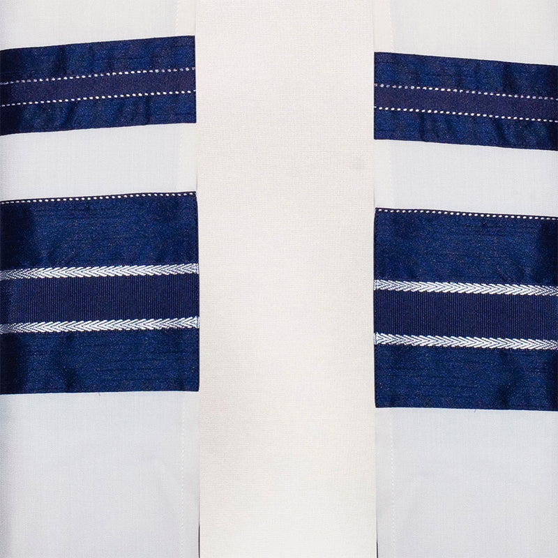 Tallit with Bag in Cream with Navy and Silver Ribbons