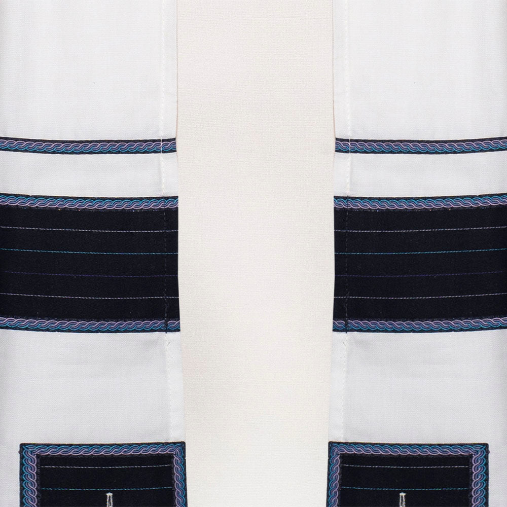 Tallit Set in Ivory and Black Cotton with Purple Accents