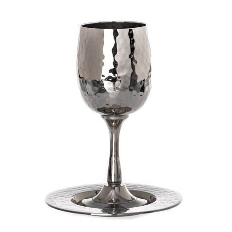 Stainless Steel Hammered Kiddush Cup with Tray